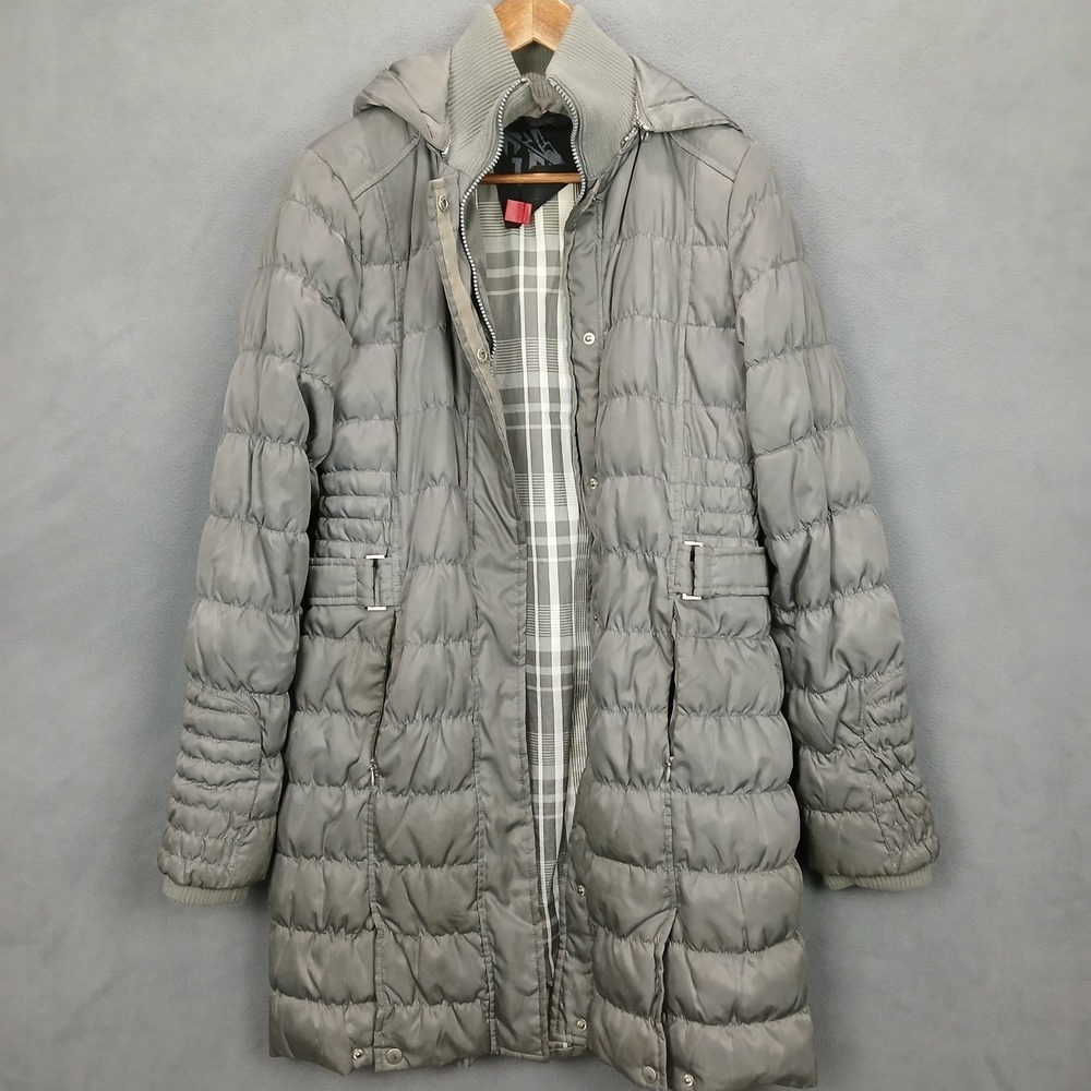 G.E.T Winter Puffer‎ Coat Womens Small Gray Green Removable Hood Down Outerwear